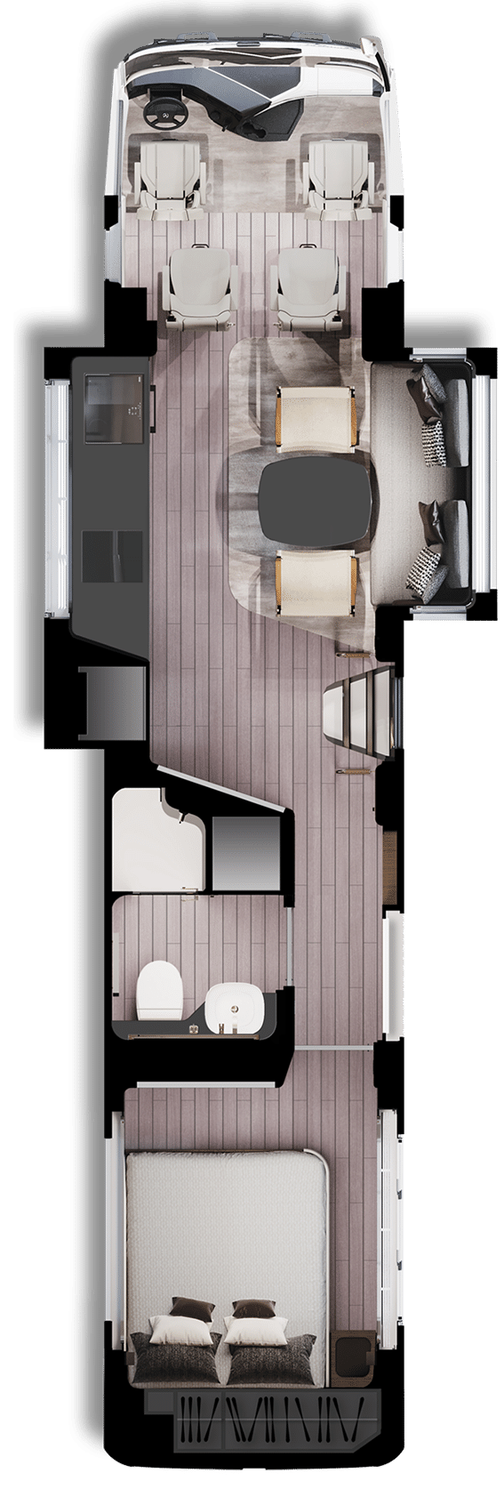 Layout of Dembell RV with garage underneath